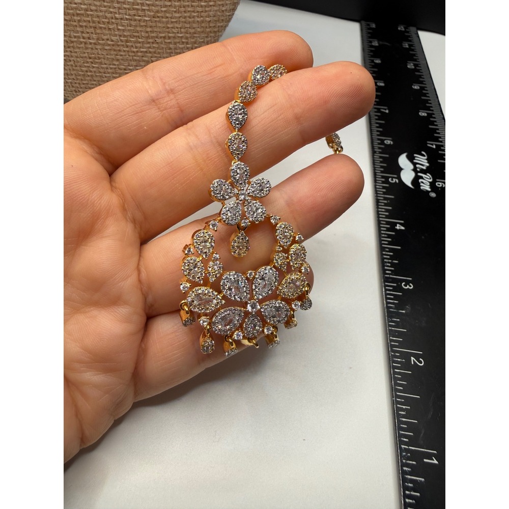 Gold Tone CZ Floral Maang Tikka Indian Bridal Headpiece Chandelier Hair Jewelry - Picture 2 of 4